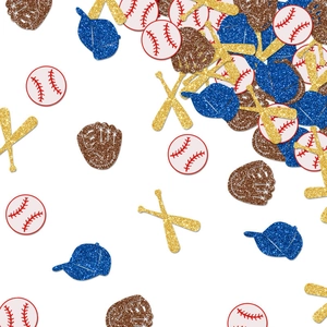 Baseball themed glitter confetti set featuring blue and gold bat, glove, and ball shapes