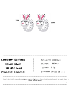 Detailed technical diagram showing dimensions and pink enamel bunny design of earrings