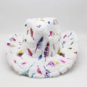 Detail of white plush cowboy hat featuring colorful metallic feather pattern accents