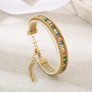 18K gold plated stainless steel bracelet featuring square cut rainbow zircon stones