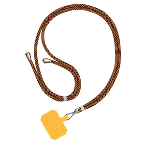 Adjustable crossbody phone lanyard with orange-black woven strap and metal buckle