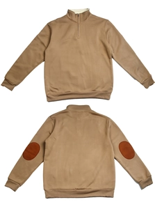 Detail of men's quarter-zip sweatshirt with fleece collar and brown faux leather elbow patches