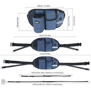 Detailed dimension guide for blue outdoor running waist bag and elastic dog leash set