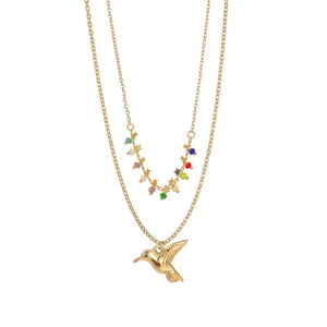 Double-layered gold necklace with colorful beads, star charm, and hummingbird pendant