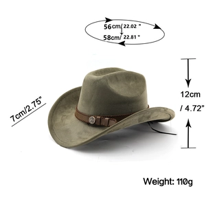 Size guide for olive green western cowboy hat with crown height and brim measurements
