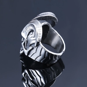 Polished stainless steel ram skull ring for men with Gothic punk horn details