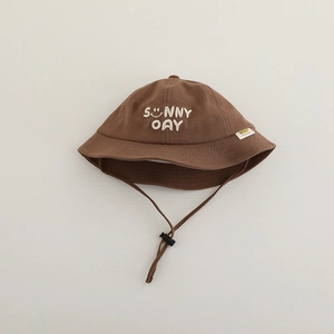 Detail of dark brown cotton kids bucket hat with sunny embroidery and adjustable chin strap