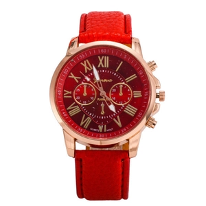 Classic Geneva women's quartz watch with red crocodile leather strap and roman numerals