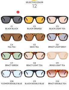 Detailed grid of twelve stylish aviator sunglasses in various colors and tinted lenses