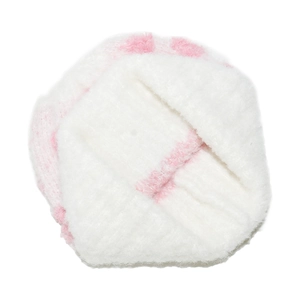 Close-up of thick white and pink dot plush knit socks in soft chenille material