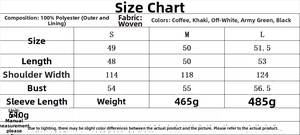 Detailed size chart for solid color puffer jacket showing S, M, L dimensions and fabric info