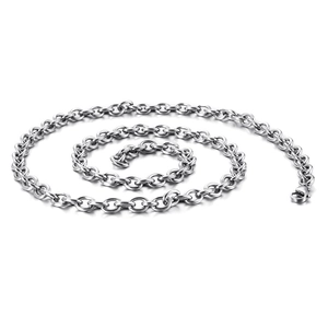 Polished silver stainless steel O-chain necklace with lobster clasp on white background