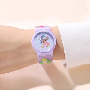 Close-up of a child's purple silicone watch featuring a 3D cartoon mermaid pattern