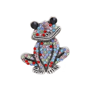 Close-up of a silver frog brooch adorned with colorful rhinestones and black gem eyes