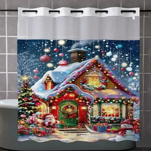 Details des Weihnachts-Duschvorhangs mit Weihnachtsmann-Motiv und stabilen Metallringen