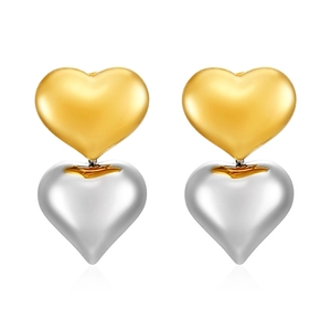 Boucles d'oreilles double cœur en acier inoxydable or 18 carats et argent design vertical