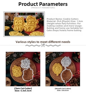 Detail showing dimensions of various cute cat-shaped cookie cutters made of PLA plastic