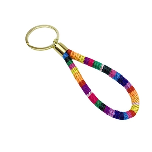 Ethnic bohemian woven wrist lanyard keychain with multi-color stripes and gold metal ring