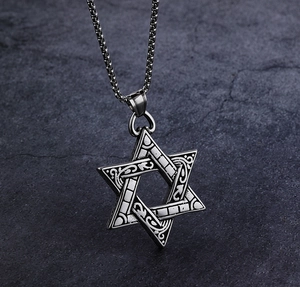 Detailed macro view of vintage stainless steel hexagram pendant with antique silver texture