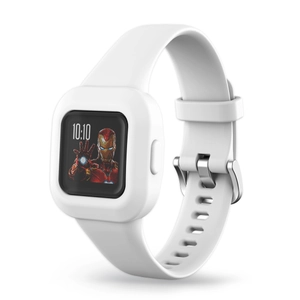Detailansicht des weißen Silikonarmbands für Garmin vivofit jr3 mit Iron Man Grafikdesign