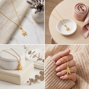 Detail of a minimalist gold boy silhouette pendant necklace on a delicate metal chain