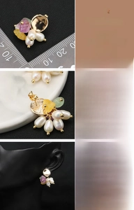 Detailed view of natural pearl earrings with 18K gold plating and semi-precious stones