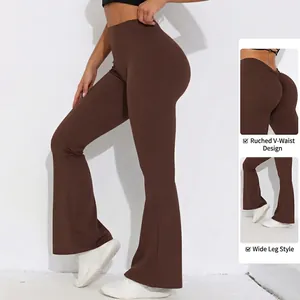 Damen V-Taille weite Yoga-Hose in Dunkelbraun mit gerafftem Po-Lifting-Detail