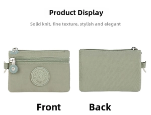 Detailed front and back view of bean green nylon mini coin purse with double zipper
