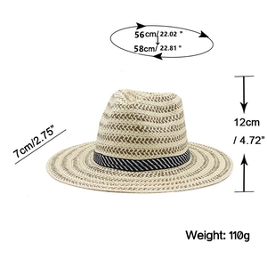 Straw Panama fedora hat for men with size measurements and breathable woven texture