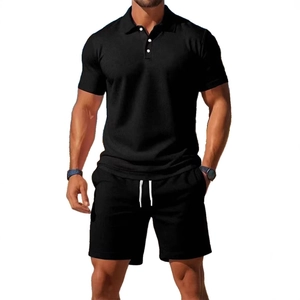 Men's black waffle knit polo shirt and drawstring shorts casual two-piece summer set