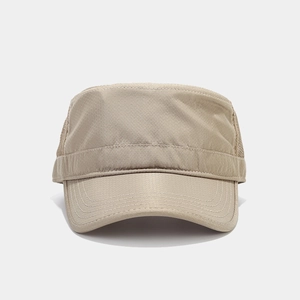Men's khaki breathable mesh flat top sun cap with quick-dry fabric and reinforced brim
