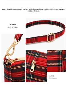 Detail shot of red plaid baguette bag showing gold-tone hardware and woven fabric texture