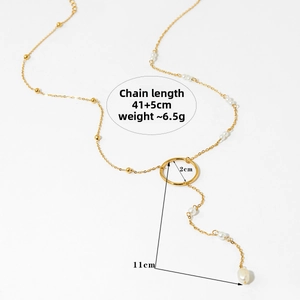 Detailed close-up of gold Y-shaped stainless steel necklace with white pearls and size markings