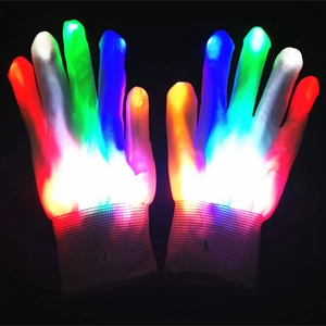 Macro detail of LED glowing gloves with colorful fingertips and elastic wrist strap