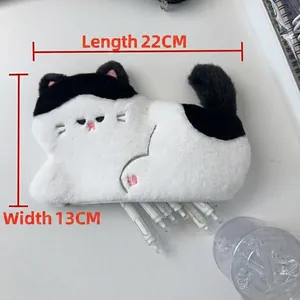 Cute black and white plush cat pencil case with embroidery details measuring 22cm x 13cm