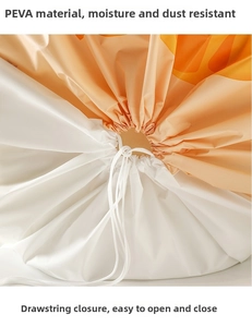 Close-up of moisture-proof PEVA storage bag with drawstring closure and orange stitching