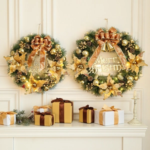 Luminous champagne gold Christmas wreath with LED lights and Merry Christmas sign