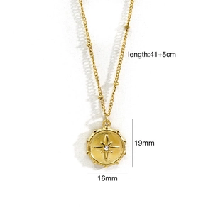 Close-up of 14K gold plated necklace with starburst pendant and dimensions markers