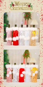 Detail of Christmas wine bottle covers with sequins, fur collars and bow ribbons