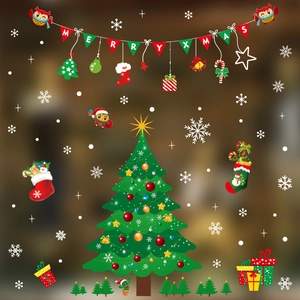 Christmas tree window stickers with Merry Xmas banner, snowflakes and colorful gift boxes