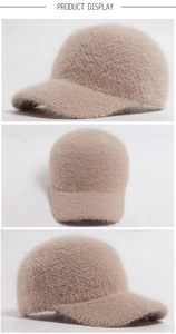 Three views of a beige faux rabbit fur knitted baseball cap with soft plush texture
