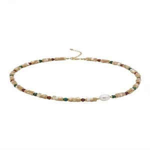 Elegant natural stone beaded necklace with multi-color beads and a central freshwater pearl