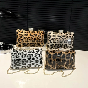 Elegant leopard print square evening clutches with gold chain straps in four colors