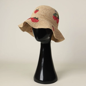 Hand-woven raffia bucket hat with red strawberry embroidery for women's summer sunshade