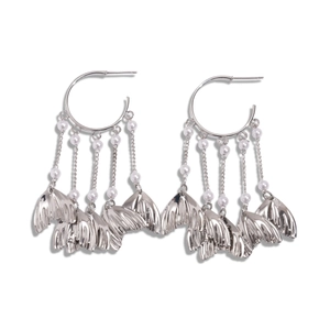 Silver fishtail pearl tassel C-shaped earrings with metallic finish on white background