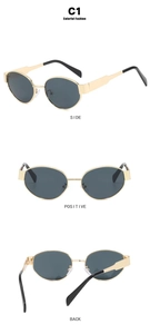 Three-view detail of vintage oval gold sunglasses with grey lenses and nose pads
