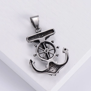 Polished silver and black oxidized stainless steel anchor and helm nautical pendant