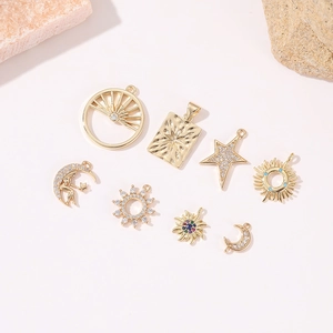 Retro Celestial Pendant Charms Sun Moon Star 14K Gold Plated Copper Zirconia MOP DIY Jewelry Making Accessories
