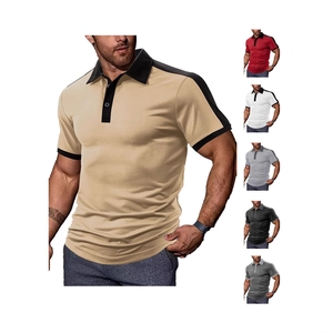 Men's casual slim fit short sleeve polo shirt with contrast collar and striped shoulders