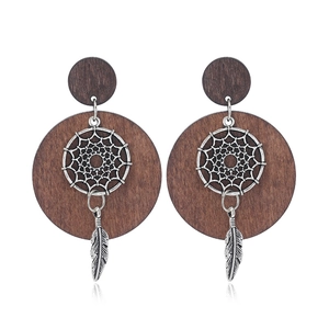 Vintage geometric hollow wooden earrings with silver dreamcatcher and feather charms